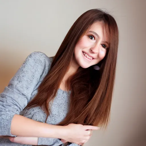 Image similar to Photograph of April, a cute young woman, long shiny bronze brown hair, full round face, green eyes, medium skin tone, light cute freckles, light blush, smiling softly, wearing casual clothing, interior lighting, cozy living room background, medium shot, mid-shot, hyperdetailed, hyperreal,