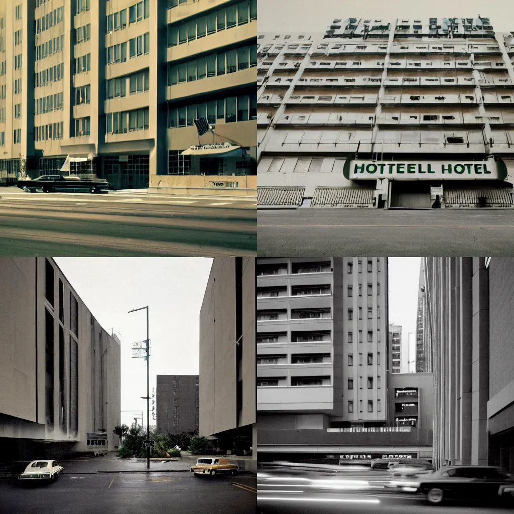 Prompt: a long exposure photo of a hotel, natural and muted colors - especially greens, beiges, tans, greys, and black. Airports, subways, helvetica. early 70s retro-futurism, mix of sterile and organic. soft depictions of city life, first wave gentrification. The rise of a minimalist design revival. 1999, 1998, 2001