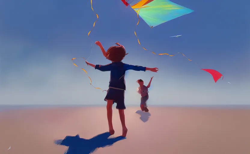 Image similar to child flying a kite at the beach by atey ghailan and garmash, michael, cinematic, volumetric lighting