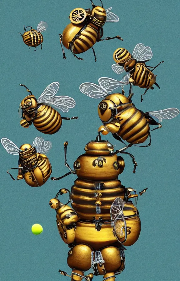 Image similar to photograph of steampunk bees playing tennis