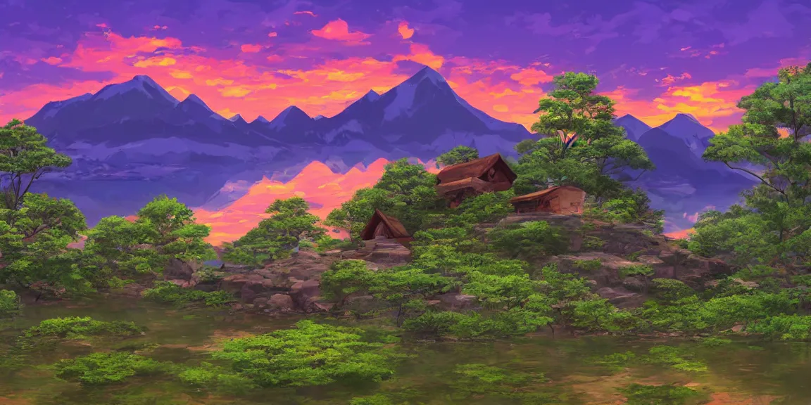 Prompt: a serene mountain landscape with a singular building near a lake at sunset anime style 8k low saturation high quality high detail cartoon