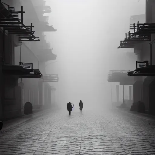 Image similar to people going to their office walking on wide side road,misty morning with long shadows,fan ho photography