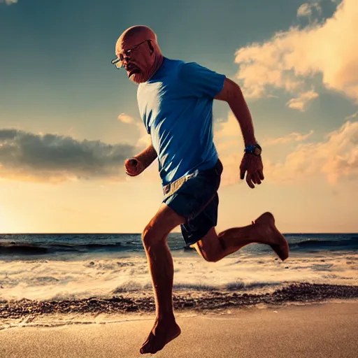 Image similar to Walter White running on the beach, artistic, 8k, cinematic, accurate, symetric, face, dramatic lighting, pastel colours