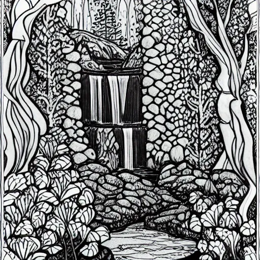 Image similar to an adult coloring page of a waterfall in the enchanted forest