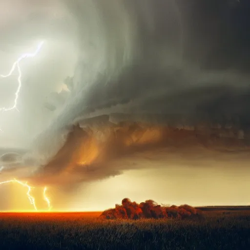 Prompt: enormous creature in the fiery plains during a thunderstorm, seen from a distance, rtx on