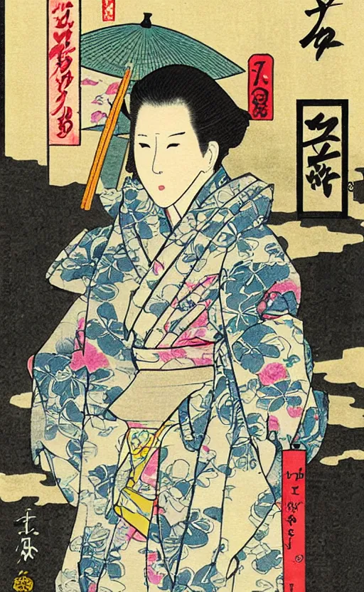 Prompt: by akio watanabe, manga art, female artist walking in kyoto street, kimono, trading card front