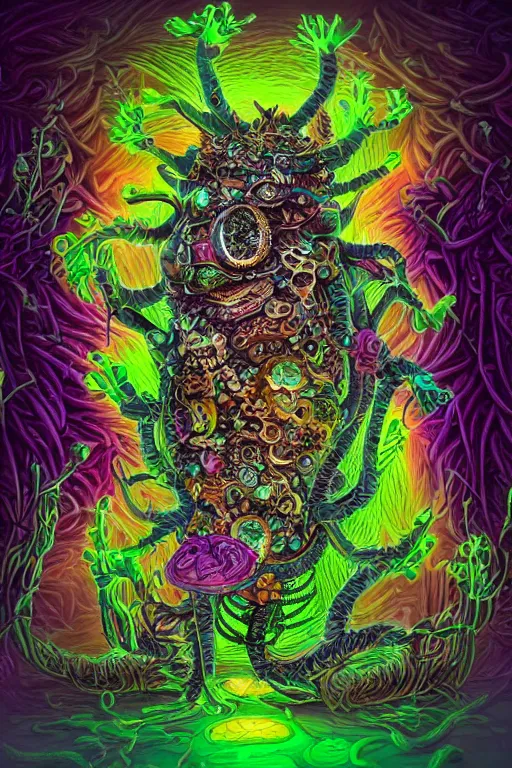 Image similar to creature sushi roots cactus elemental flush of force nature micro world fluo light deepdream a wild amazing steampunk baroque ancient alien creature, intricate detail, colorful digital painting radiating a glowing aura global illumination ray tracing