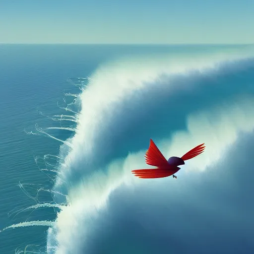 Image similar to goro fujita ilustration view from the sky of a bird with open wings full of feathers, flying over the ocean with waves, painting by goro fujita, sharp focus, highly detailed, artstation