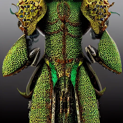 Prompt: a magnificent suit of green dragon scalemail on an armour stand, the backside of the armour is wrapped in a exquisite cheetah cloak, d & d, fantasy, intricate, highly detailed, digital painting, artstation, concept art, matte, sharp focus, illustration