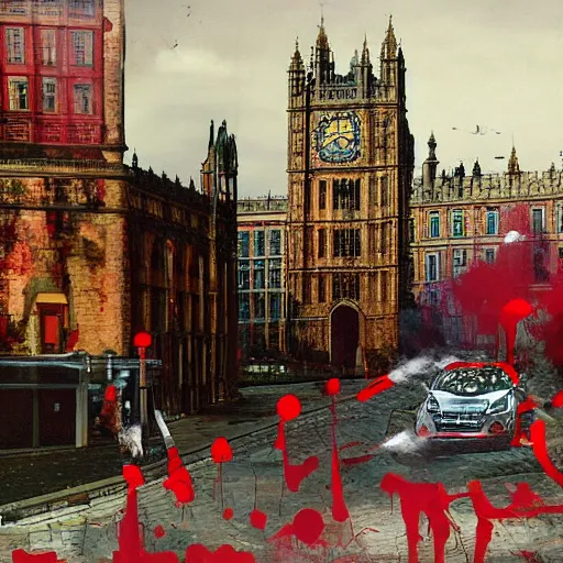 Prompt: A British European City with cars and people roaming inside of the city, certain aspects of the background are lens blurred, splatters of red and red paint circle significant parts of the city, some of the people are even painted red, black and white photograph painting, real life, realistic, hyperrealistic, very realistic, photo photograph, photo, photograph, painting, oil painting, ultra realistic, very detailed, extremely detailed, highly detailed, HD Quality, 4k resolution, 8k resolution, trending on artstation, in the style of an Album Cover, cool, epic, nostalgic, intricate details