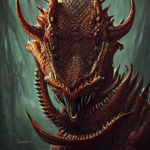 Image similar to dragon character concept portrait, profile picture, eldritch abomination, oil painting, cinematic, intricate complexity, rule of thirds, in the style of Adam Paquette, Svetlin Velinov, Daarken, Artgerm, Keith Thompson, and Eric Deschamps, face by Artgerm and WLOP, magic the gathering art