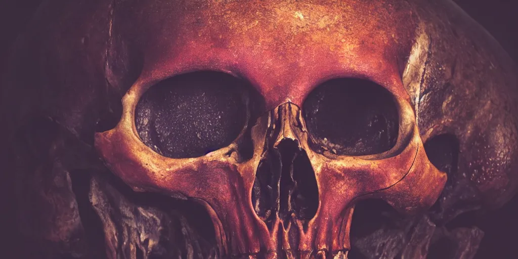 Image similar to an alien skull closeup, studio lighting, deep colors, apocalyptic setting, gross, evil