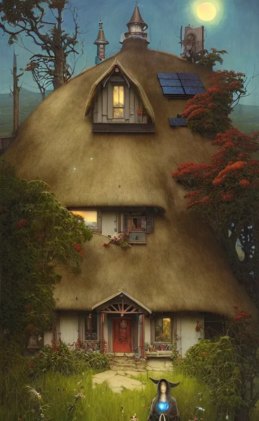 Image similar to a hyper realistic witchy cottage with solar panels on a tall hill, mountains, atmospheric lighting, lush foliage, painting by chiara bautista and tom bagshaw, mucha, beksinski and norman rockwell and greg rutkowski weta studio, and lucasfilm