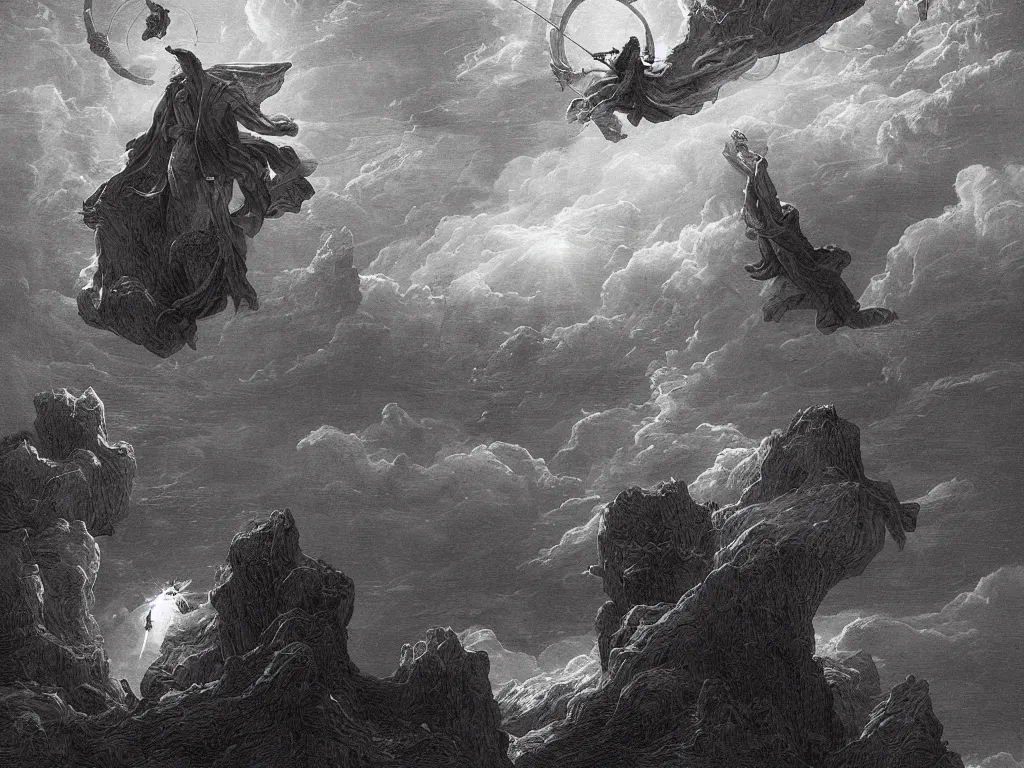 Image similar to Elon Musk opening up the skies with his magic power, Gustave Doré, Tooth Wu and WLOP, cinematic