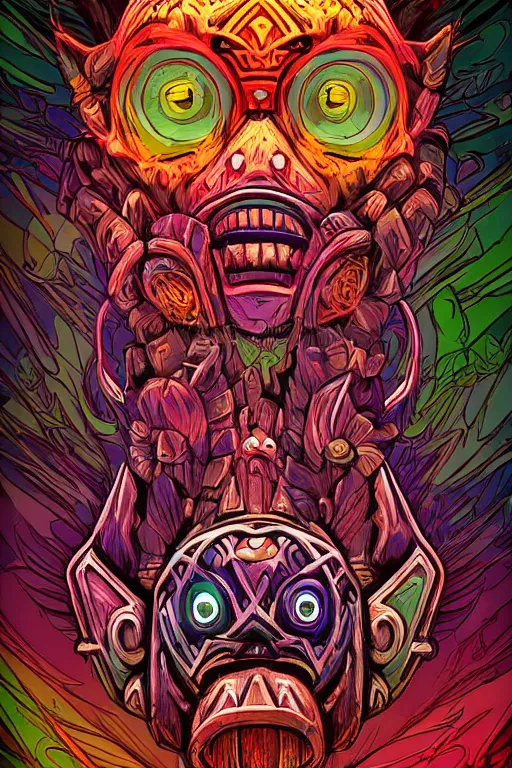 Image similar to totem animal tribal chaman vodoo mask feather gemstone plant wood rock video game illustration vivid color borderlands by josan gonzales and dan mumford radiating a glowing aura