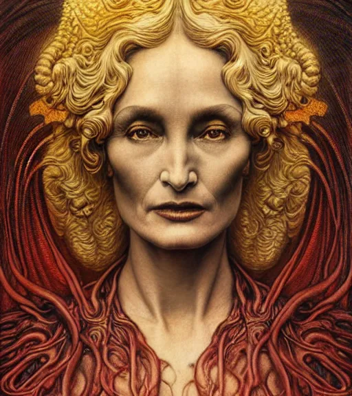 Image similar to detailed realistic beautiful young alien robot jessica lange as queen of mars face portrait by jean delville, gustave dore and marco mazzoni, art nouveau, symbolist, visionary, gothic, pre - raphaelite. horizontal symmetry by zdzisław beksinski, iris van herpen, raymond swanland and alphonse mucha. highly detailed, hyper - real, beautiful