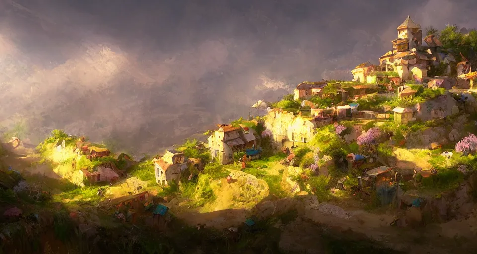 Image similar to beautiful peace loving village on a mountain slope, realistic concept art, eytan zana, one pixel brush, lavander and yellow color scheme, dramatic lighting, concept art, trending on artstation