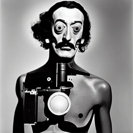 Prompt: photo of cyborg salvador dali by diane arbus, black and white, high contrast, rolleiflex, 5 5 mm f / 4 lens