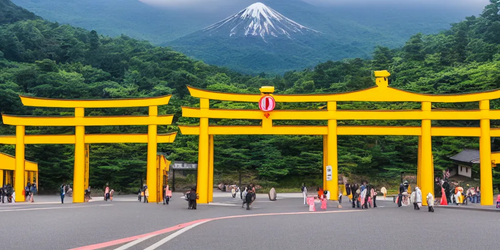 Prompt: Yellow school bus driving towards a Japanese Torii gate at Mount Fuji location in Japan, time travel, ray tracing