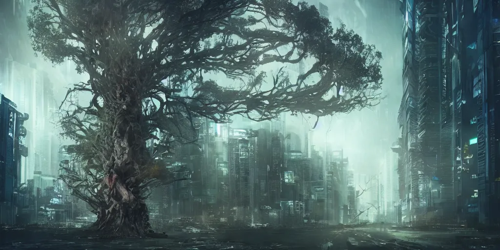 Prompt: a terrifying tree destroying a dystopian city, cyberpunk, sharp focus, dynamic lights, still, photograph, hyper realistic, masterpiece, octane render, rendered, 3 d, cinematic, cinematic lighting, dramatic lighting, highly detailed, intricate details, texture, cinematic composition, wide shot, by donglu yu and kevin jick and eddie del rio