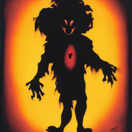 Image similar to Silhouette of a scary clown by Gerald Brom, film grain