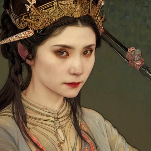 Image similar to a highly detailed portrait of buffy the vampire slayer as a medieval chinese princess, beautiful detail and color, art by john collier and albert aublet and krenz cushart and artem demura and alphonse mucha, volumetric lighting, octane render, 4 k resolution, matte, sharp focus, illustration, art by greg rutkowski and alphonse mucha