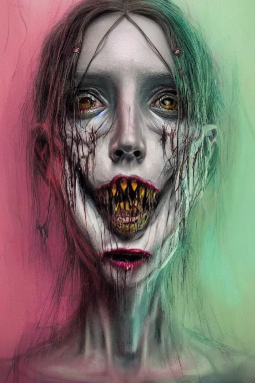 Image similar to crayon cartoon grunge portrait of a creepy horror nurse girl . intricate abstract. intricate artwork. nightmare fuel. terrifying. by zdzisław Beksiński, wlop, dan mumford , trending on artstation, greg rutkowski very coherent symmetrical artwork. cinematic, hyper realism, high detail, octane render, 8k