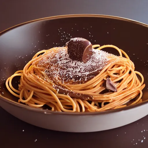 Prompt: spaghetti with chocolate, studio photography