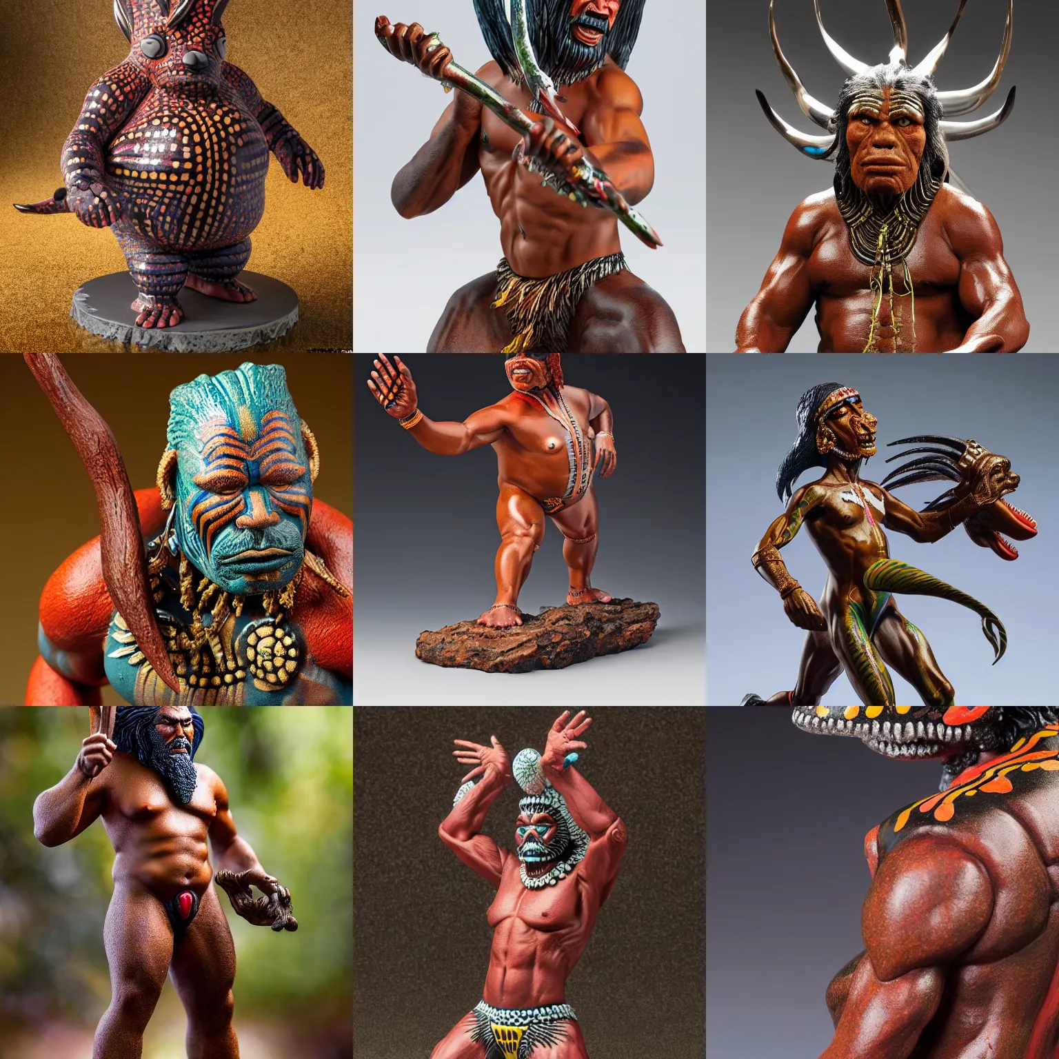 Prompt: a still high quality figurine of a aboriginal selknam by alex horley, marc simonetti, yayoi kusama, iridiscense, dynamic pose, detailed product photo, sharp focus, tone mapped, beautiful composition, 8 5 mm, f. 1 4, zoom out
