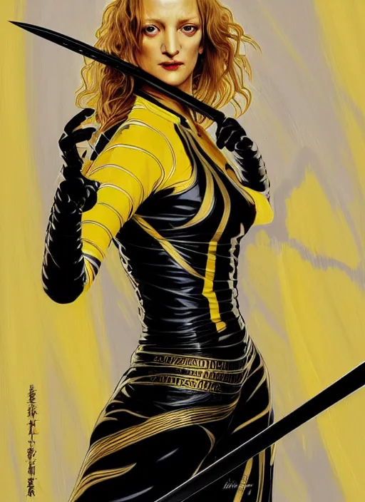 Image similar to uma thurman in kill bill as a very cool warrior, rococo and art nouveau fusion, swinging reflective katana, yellow jumpsuit with black stripe, highly detailed, deep focus, elegant, digital painting, smooth, sharp focus, illustration, ultra realistic, japanese art by artgerm and alphonse mucha