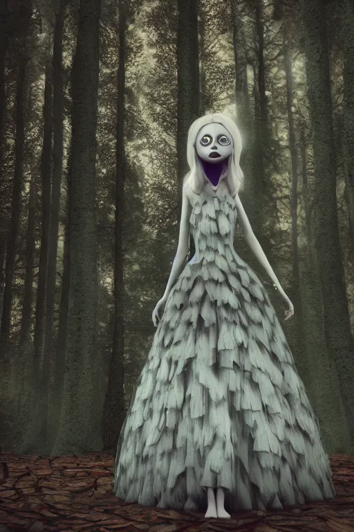 Prompt: Full body Woman wearing a dress inspired by Tim burton in a magical dream like forest. Fashion. Octane Render. 3D. V-Ray. Unreal engine 5. Cinematic Colour Grading. 35mm. f/1.8.