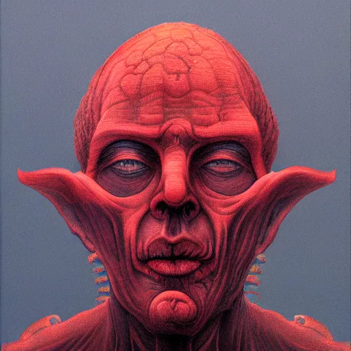 Image similar to lord loss, king of hell & sadness, book portrait, pale red, lumpy skin, he has very dark - red eyes with even darker red pupils. symmetric lights and fog, in the style of zdzislaw beksinski, glowing light and shadow, hyperrealist, 8 k