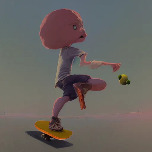 Image similar to highly detailed vfx character of a skateboarding tennis ball monster, skateboard stephen bliss, chalk, unrealengine, greg rutkowski, loish, rhads, beeple, chalk, makoto shinkai and lois van baarle, ilya kuvshinov, rossdraws, tom bagshaw, basil gogos