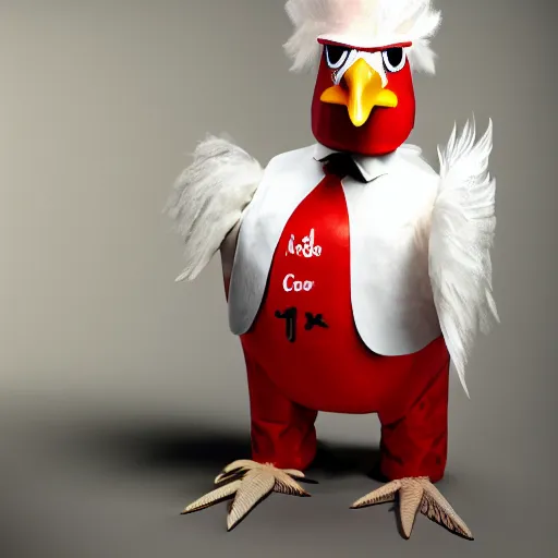 Image similar to a chicken dressed up as colonel sanders as a chicken dressed in the colonel sanders uniform as a chicken, realistic, hyperrealistic, ultra realistic, real, real world, highly detailed, very detailed, extremely detailed, intricate details, 8 k resolution, hd quality