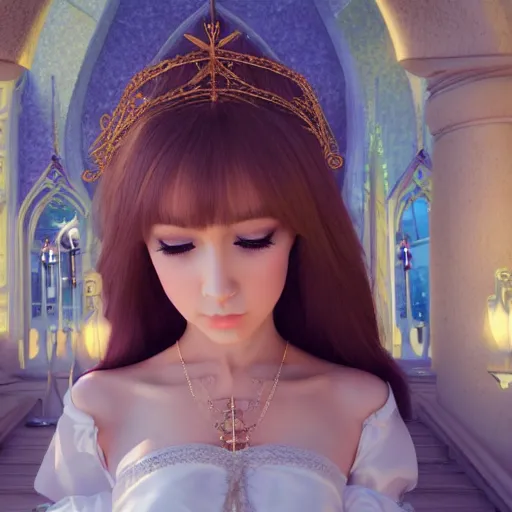 Image similar to a very detailed, ultra-realistic, pleasant, beautiful, funny, smooth 3D CG render, semirealistic anime style, close-up of a gorgeous, cute, gentle, noble priestess magician princess girl wearing dress and jewelry, in a glorious magic kingdom with castle and walls, relaxing calm vibes, fairytale, octane render