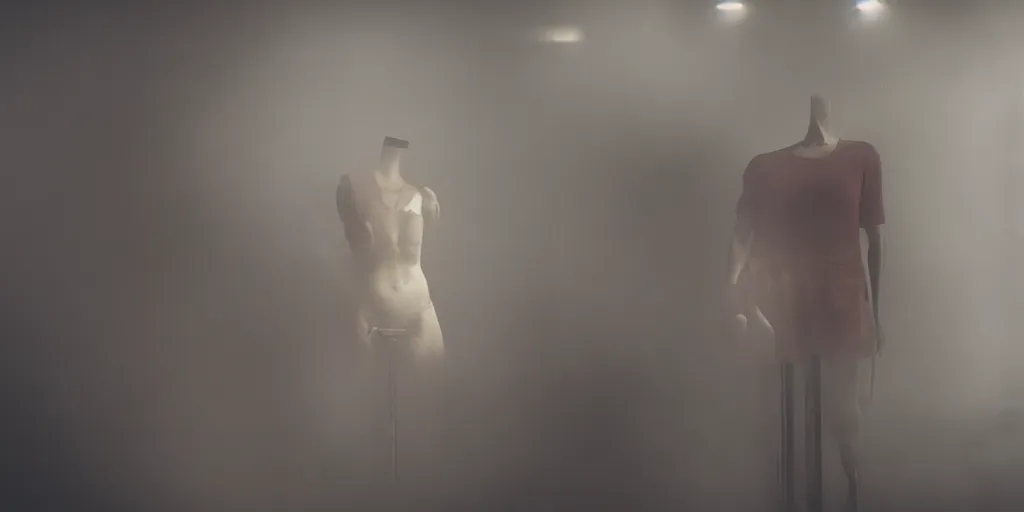 Image similar to a horror movie still in a mall of a mannequin that is painfully coming to life and is half alive, the background is misty, cinematic still, 4 k, dramatic, eerie, cinema lighting, low light