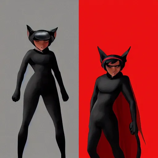 Image similar to little boy with cat ears in an black latex suit with red cape. digital artwork made by lois van baarle and kentaro miura, sharpness focus, inspired by hirohiko araki, anatomically correct, heroic composition, hero pose