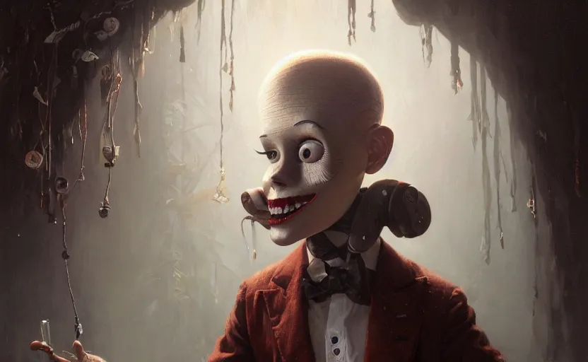 Image similar to highly detailed portrait of a ventriloquist dummy, in dead silence, stephen bliss, unreal engine, fantasy art by greg rutkowski, loish, rhads, ferdinand knab, makoto shinkai and lois van baarle, ilya kuvshinov, rossdraws, tom bagshaw, global illumination, radiant light, detailed and intricate environment