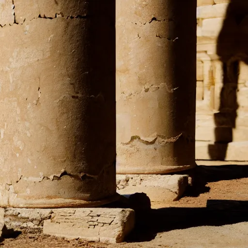 Image similar to a cinematic film still of a claymation stop motion film starring cute caracal, big wooden barrel, ancient greek city, marble temple columns, olive trees, shallow depth of field, 8 0 mm, f 1. 8