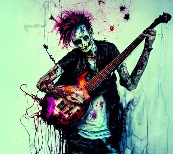 Prompt: zombie punk rocker playing guitar by agnes cecile, brian froud, intricated details, full body portrait, extremely luminous bright design, horror, pastel colours, toxic drips, autumn lights, rule of thirds by francis tneh