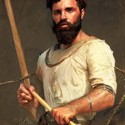 Image similar to young gladiator man with a trim beard, athletic, dopey expression, holding a net, fantasy character portrait by greg rutkowski, gaston bussiere, craig mullins