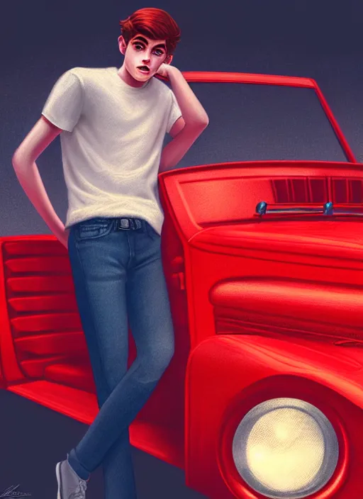 Prompt: closeup of teenage archie andrews, in a red ford model t, misty, atmospheric, riverdale, intricate, elegant, glowing lights, highly detailed, digital painting, artstation, sharp focus, illustration, art by wlop, mars ravelo and greg rutkowski