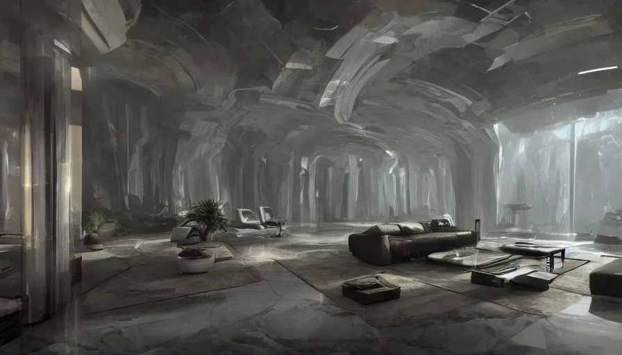 Prompt: a futuristic apartment interior in the style of a marble cave, luxury, plants, high ceiling, dark moody lighting, foggy atmosphere, 16mm lens, by craig mullins, octane rendering