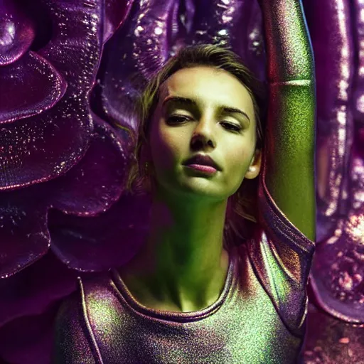 Prompt: flume_and_former_cover_art_future_bass_girl_unwrapped_statue_bust_curls_of_hair _petite_lush _body_photography_fungi gills growing metallic shrooms out_model_futuristic_material_simple_backgroundg vibrant