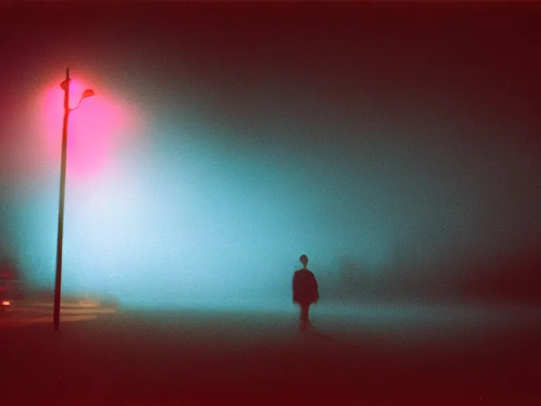 Prompt: fujifilm velvia 1 0 0 film photograph of vagrant at night volumetric fog