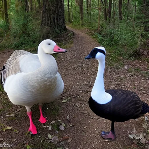 Prompt: high quality trail cam footage of a goose attacking a human. 8 k photography, depth of field, canon dslr