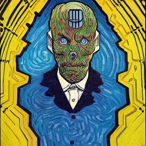Image similar to portrait of doctor who, mash - up between mc escher and vincent van gogh