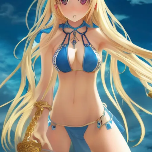 Image similar to a very beautiful young yuuki asuna, full body, long wavy blond hair, sky blue eyes, full round face,, shiny golden bikini, hands in chains, miniskirt, front shot, highly detailed, cinematic wallpaper by stanley artgerm lau