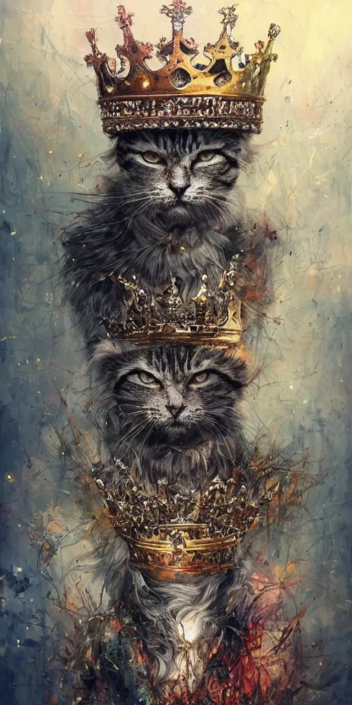 Prompt: a humanoid king old cat with a crown, Atmospheric beautiful by Stanley Artgerm, Tom Bagshaw, Arthur Adams, Carne Griffiths, trending on Deviant Art, street art, chillwave, maximalist, full of color, glittering, 8k, hd