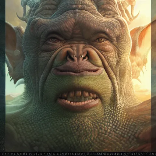 Image similar to a hyperrealistic illustration of a mix of an oger and giant and goblin, 8 k ultra realistic creature, detailed intricate, with fractal sunlight, award - winning, masterpiece, in the style of tom bagshaw, cedric peyravernay, peter mohrbacher